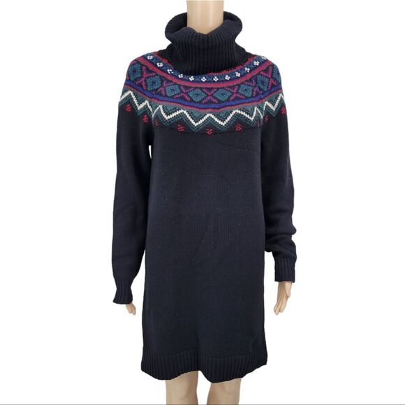 Lauren Ralph Lauren Fair Isle Wool Blend Black Turtleneck Sweater Dress, Medium - Picture 1 of 12